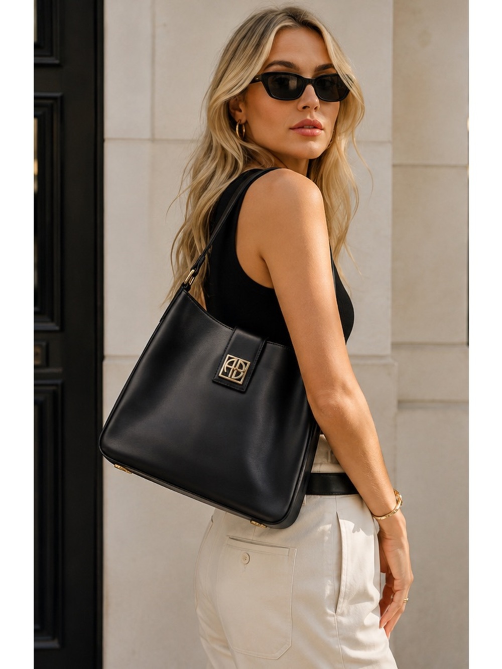 ANINE BING Lou Leather Shoulder Bag in Black